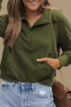 Green Zip Up Stand Collar Ribbed Thumbhole Sleeve Sweatshirt-Tops-MomFashion