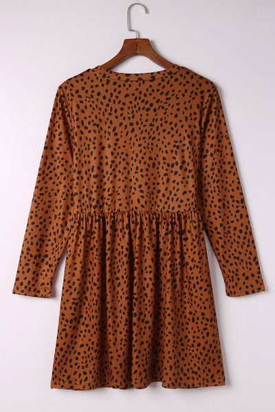 Brown Leopard Long Sleeve Babydoll Dress-Dresses-MomFashion