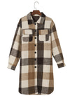 Khaki Plaid Button-Down Flap Pocket Long Shacket-Outerwear-MomFashion