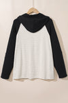 Black Striped Raglan Sleeve Buttoned Pocket Plus Size Hoodie-Plus Size-MomFashion