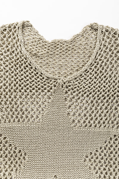 Light French Beige Star Pointelle Knit Baggy Sweater-Tops-MomFashion