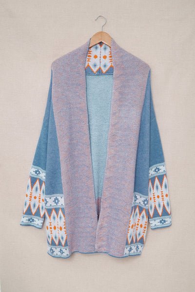 Blue Aztec Print Open Front Knitted Cardigan-Tops-MomFashion