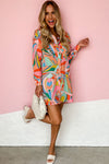 Multicolor Geometric Abstract Print Long Sleeve Shirt Dress-Dresses-MomFashion