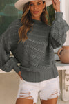 Gray Mock Neck Lantern Sleeve Cable Knit Sweater-Tops-MomFashion