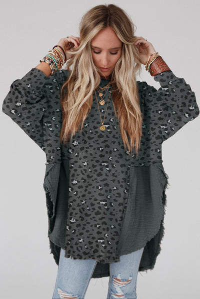Gray Raw Edge Leopard Patchwork Oversized Blouse-Tops-MomFashion