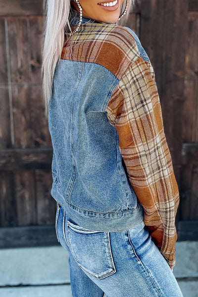 Sky Blue Medium Wash Plaid Sleeves Denim Jacket-Outerwear-MomFashion