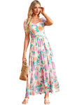 Multicolor Square Neck Puff Sleeve Tiered Floral Maxi Dress-Dresses-MomFashion