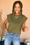 Guacamole Green Studded Short Sleeve Top-Tops-MomFashion