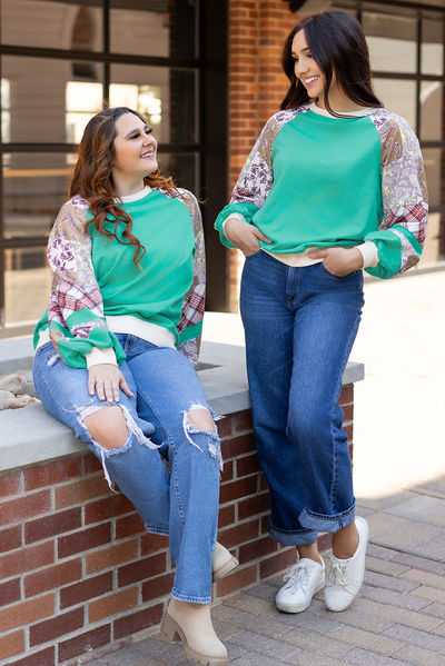 Sky Blue Plus Size Plaid Floral Patchwork Raglan Sleeve Sweatshirt-Plus Size/Plus Size Sweatshirts & Hoodies-MomFashion