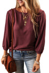 Red Dahlia Solid Color 3/4 Sleeve Round Neck Top-Tops-MomFashion