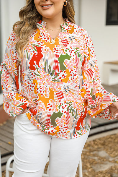 Orange Printed Floral Abstract Print Frilled V Neck Plus Size Blouse-Plus Size-MomFashion