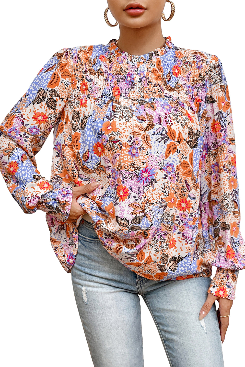 Multicolour Floral Bishop Sleeve Frilled Round Neck Blouse-Tops-MomFashion
