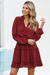 V Neck Long Sleeve Ruffle Tiered Mini Dress-Dresses-MomFashion