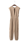 Light French Beige Cap Sleeve Open Back Drawstring Jogger Jumpsuit-Bottoms-MomFashion