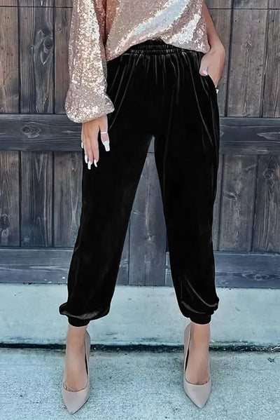 Black Solid Velvet Jogger Pants-Bottoms-MomFashion