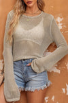 Khaki Hollow-out Knit Long Sleeve Top-Tops-MomFashion