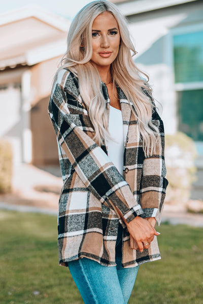 Plaid Print Buttoned Shirt Jacket-Outerwear-MomFashion