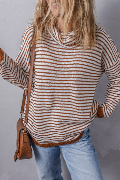 Brown Striped Turtleneck Loose Sweater-Tops-MomFashion