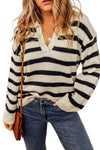 Apricot Striped Knit Drop Shoulder Collared V Neck Sweater-Tops-MomFashion