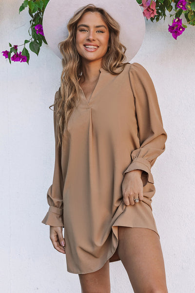 Apricot Split V Neck Ruffled Sleeves Shirt Dress-Dresses-MomFashion