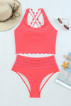 Pink Scalloped Criss Cross High Waist Bikini-Swimwear-MomFashion