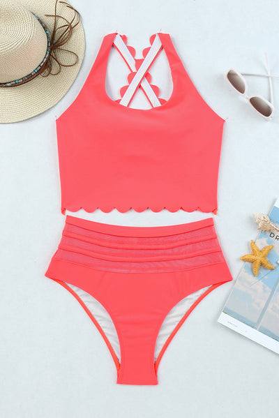 Pink Scalloped Criss Cross High Waist Bikini-Swimwear-MomFashion