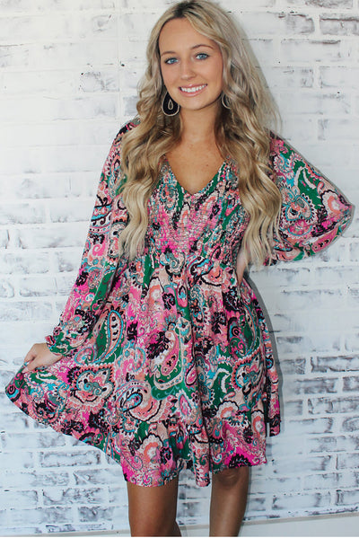 Boho Paisley Print Ruffle Hem Dress-Dresses-MomFashion