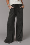 Gray Mineral Washed Drawstring Retro Wide Leg Pants-Bottoms-MomFashion