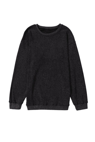 Black Solid Ribbed Knit Round Neck Pullover Sweatshirt-Tops-MomFashion