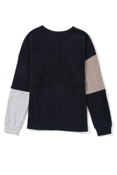 Black Colorblock Textured Knit Top-Tops-MomFashion