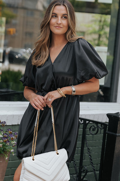 Black Princess Bubble Sleeve Satin Mini Dress-Dresses-MomFashion