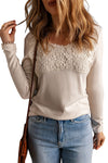 Beige Lace Crochet V Neck Long Sleeve Top-Tops-MomFashion