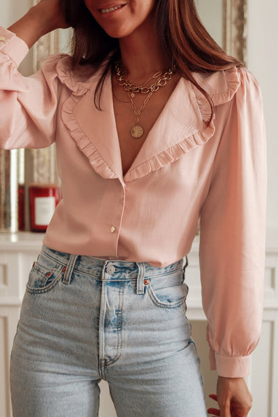 Pink Frilled Lapel Collar Button-Up Puff Sleeve Shirt-Tops-MomFashion