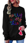 Black Merry Every Thing Glitter Slogan Sweatshirt-Tops-MomFashion