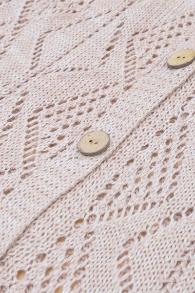 Khaki Hollow-out Openwork Knit Cardigan-Tops-MomFashion