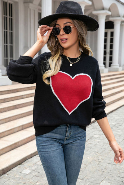 Black Heart Graphic Valentine Sweater-Tops-MomFashion