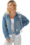 Sky Blue Distressed Contrast Hooded Denim Jacket with Pockets-Outerwear-MomFashion