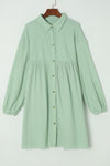 Green Patchwork Crinkle Puff Sleeve Shirt Dress-Dresses-MomFashion