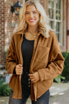 Camel Chest Pocket Button Up Fleece Shacket-Outerwear-MomFashion