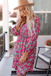 Purple Smocked V Neck Puffy Sleeve Floral Dress-Dresses-MomFashion