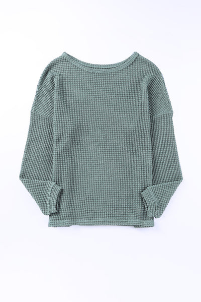 Green Waffle Knit Drop Shoulder Long Sleeve Top-Tops-MomFashion