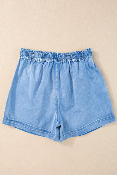 Beau Blue Casual Chambray Drawstring Shorts-Bottoms-MomFashion