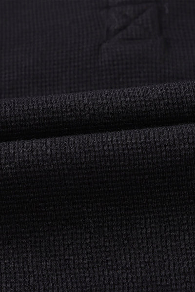 Black Waffle Knit Henley Top-Tops-MomFashion