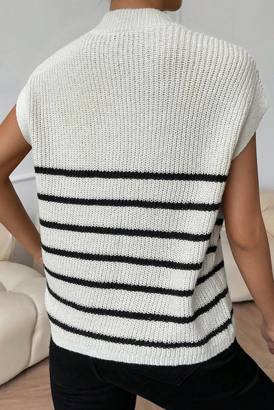 White Stripe Half Zip Split Stand Neck Sweater T-shirt-Tops-MomFashion