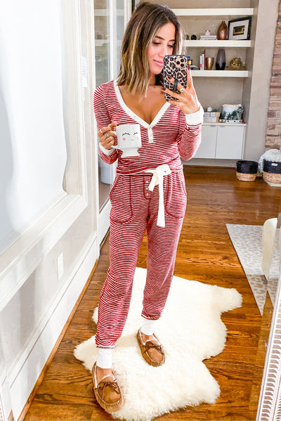 Red Stripe Buttoned V Neck Top and Knotted Waist Pants Lounge Set-Loungewear & Sleepwear/Loungewear-MomFashion