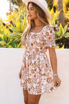 White Floral Print Bow Knot Backless Square Neck Mini Dress-Dresses-MomFashion