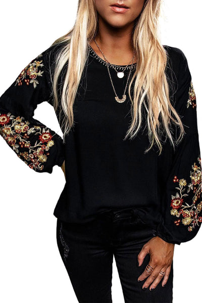 Black Floral Embroidery Long Sleeve Top-Tops-MomFashion