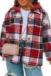 Red Printed Plus Size Plaid Button up Hooded Jacket-Plus Size-MomFashion