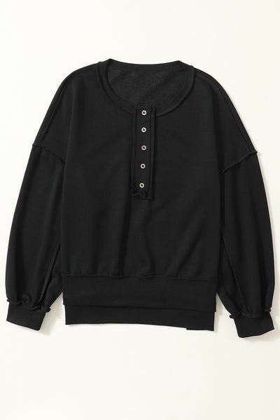 Black Drop Shoulder Henley Buttons Sweatshirt-Tops-MomFashion