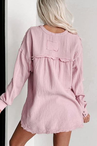 Pink Crinkle Long Sleeve Distressed Split Henley Top-Tops-MomFashion